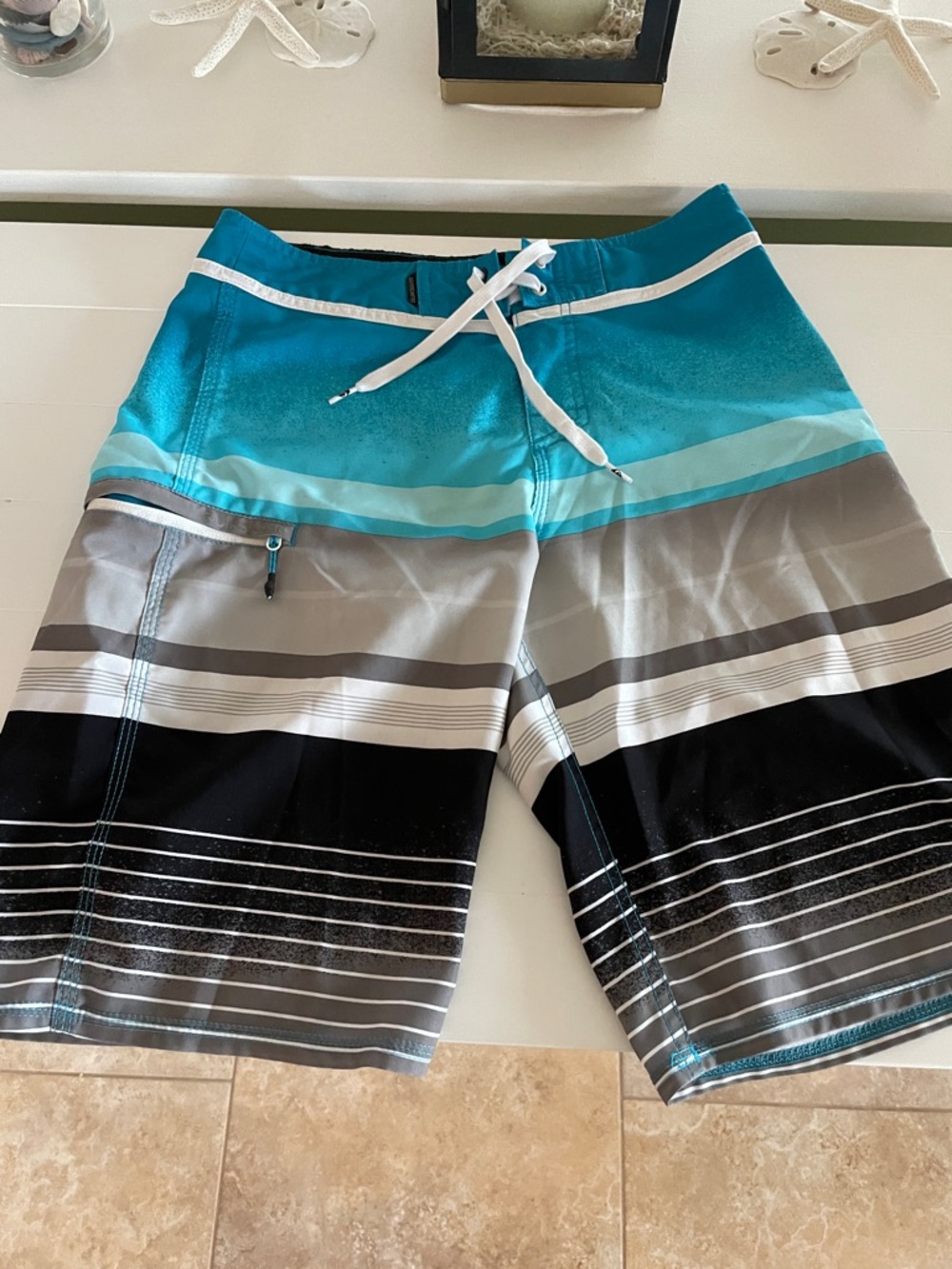 Quiksilver Teal Gray Black Striped Board Shorts